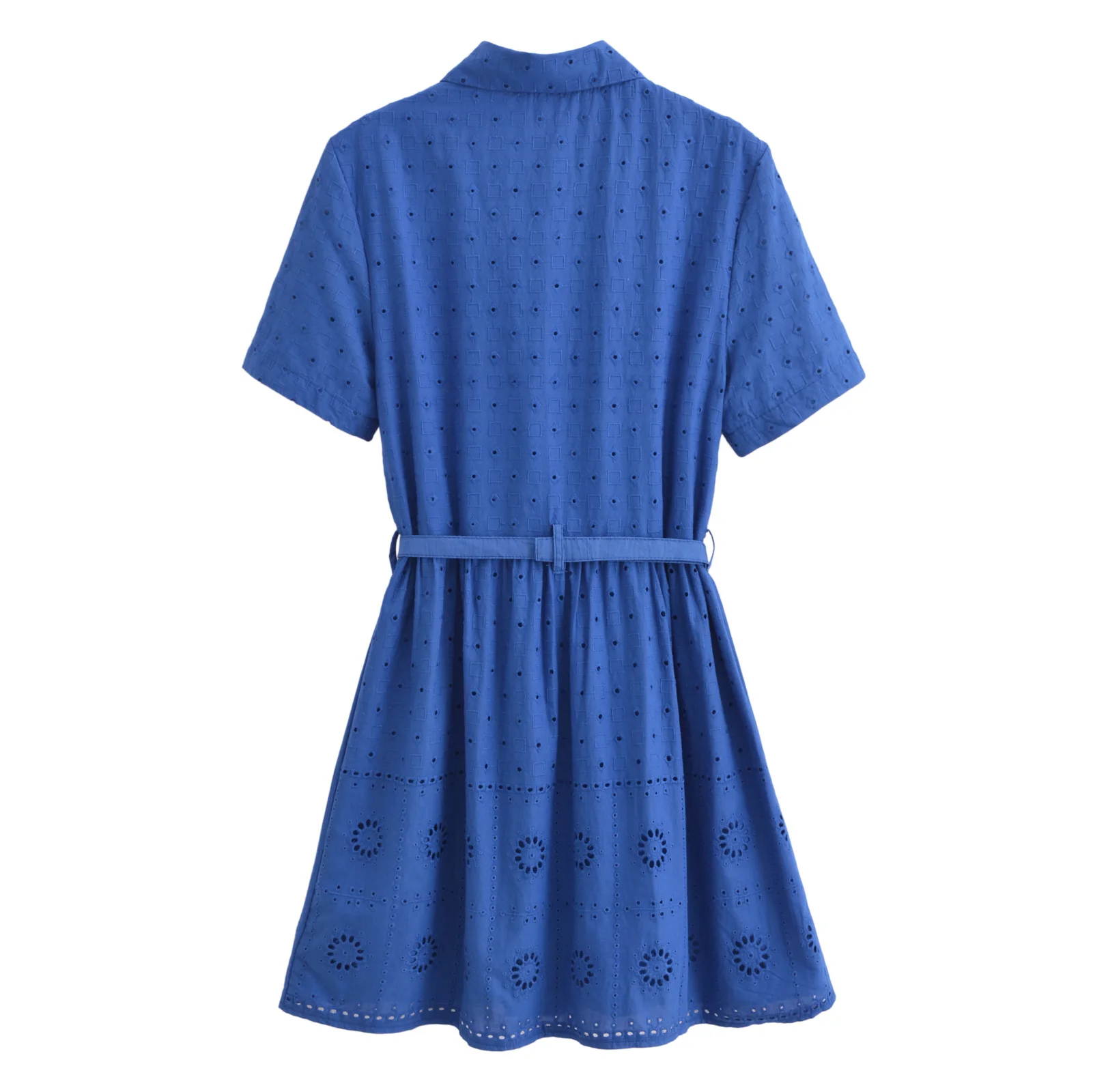 French platycodon hollow embroidery lapel with belt short-sleeved dress for women fashionable and versatile holiday dress