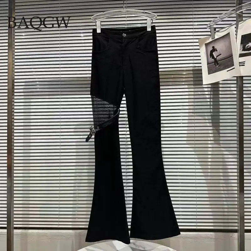 

Mesh Sheer Patchwork Hollow Out Long Trousers for Women High Waist Slim Spliced Button Flare Pants Female Fashion Clothing New