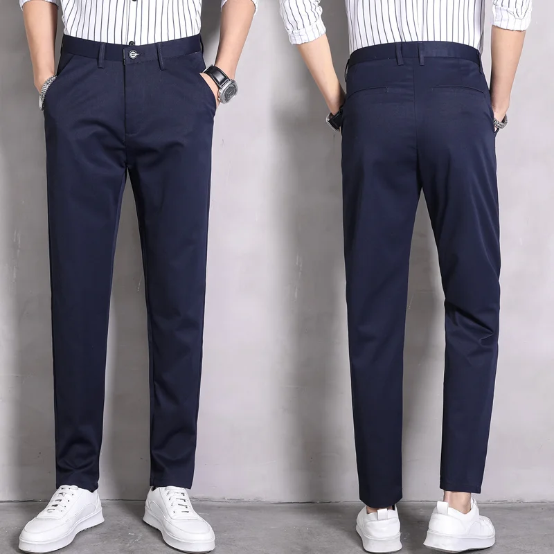 Spring Summer Ice Silk Thin Casual Young Men\'s Slim Fit Suit Pants Solid Button Zipper Pockets Versatile Straight Loose Trousers