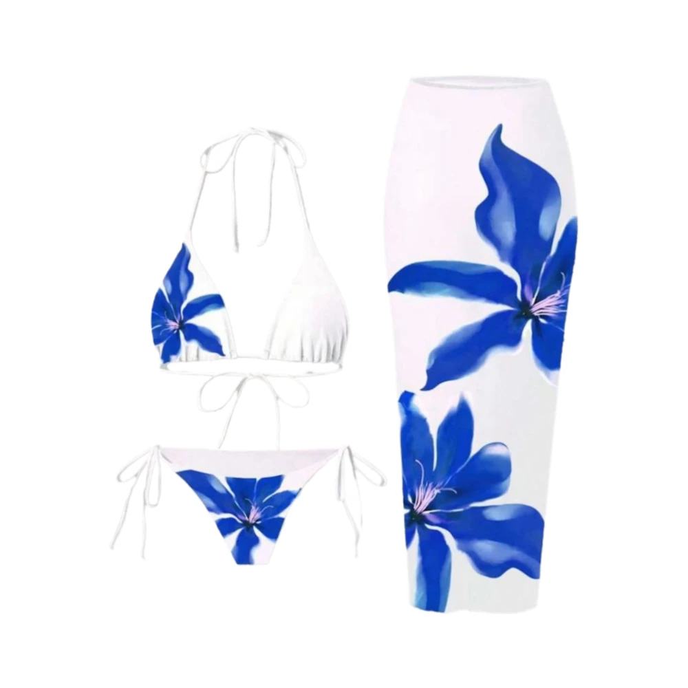 Elegant Blue Porcelain Bikini Set 3 Piece Swimwear Sexy Floral Design
