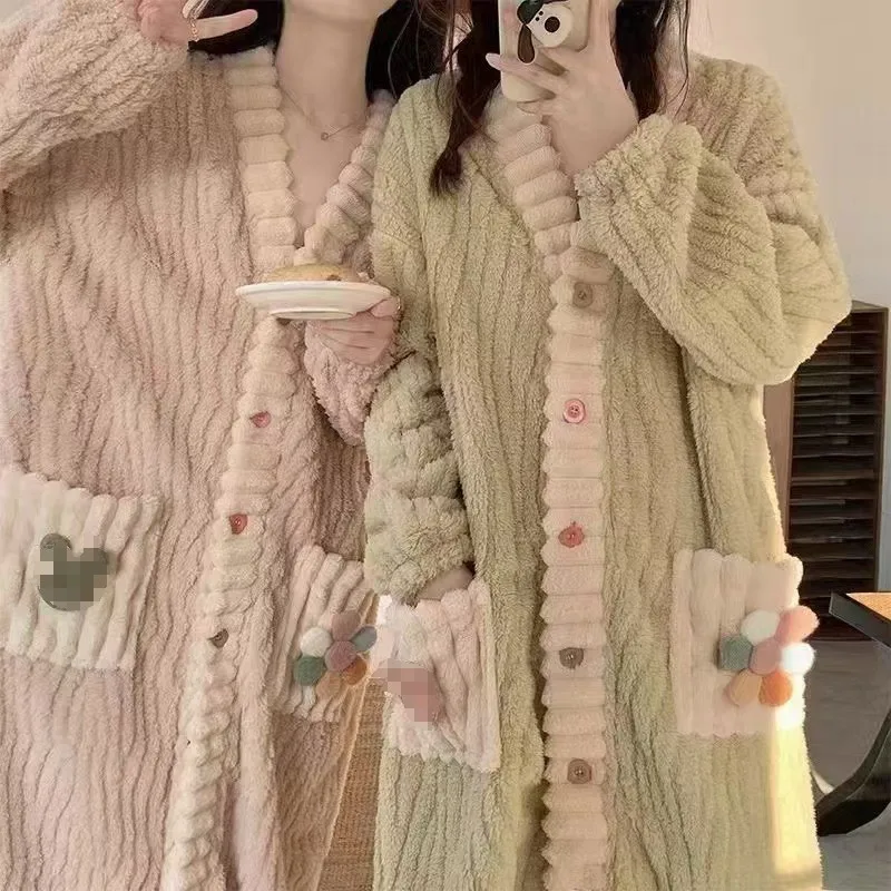 Flannel Rainbow Cardigan Sleeping Robe Set for Women 2024 Autumn/Winter Long Size Coral Velvet Warm Home Clothes