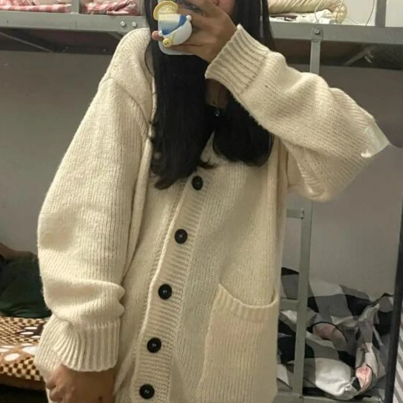 Cardigan lavorati a maglia da donna solido Casual scollo a v monopetto retrò maglione più spesso autunno inverno capispalla adolescenti sciolti