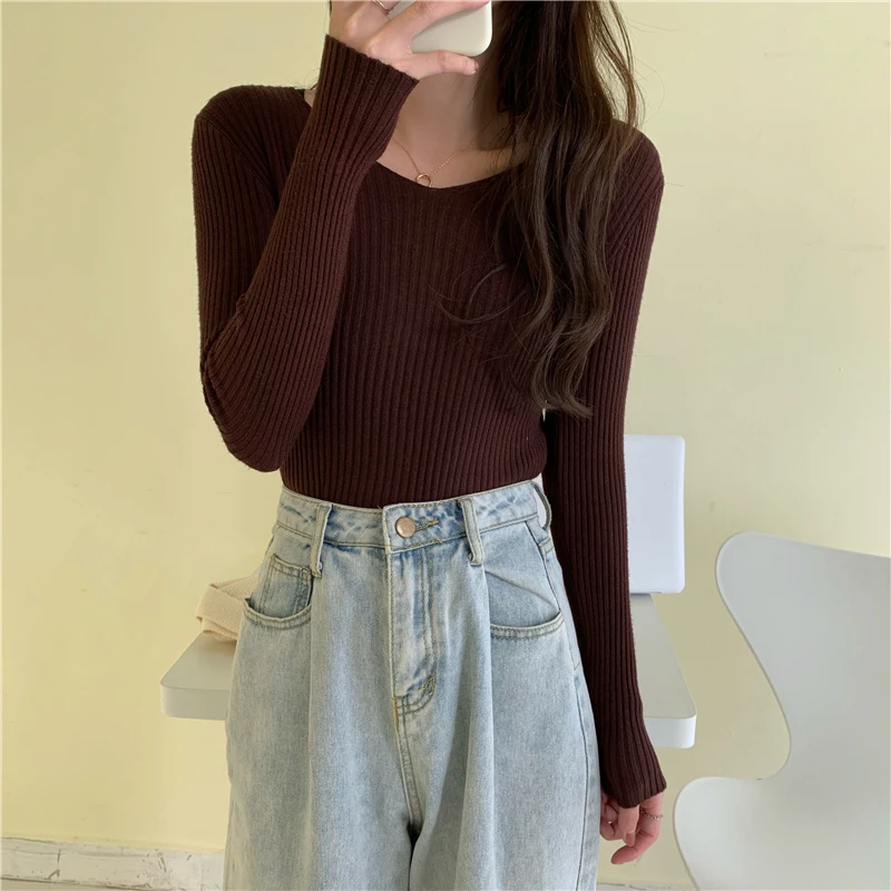 2024 Jesienno-zimowe swetry damskie Casual Sweter z dzianiny z długim rękawem Sweter Femme Basic Solid Jersey Tops Fashion Clothes