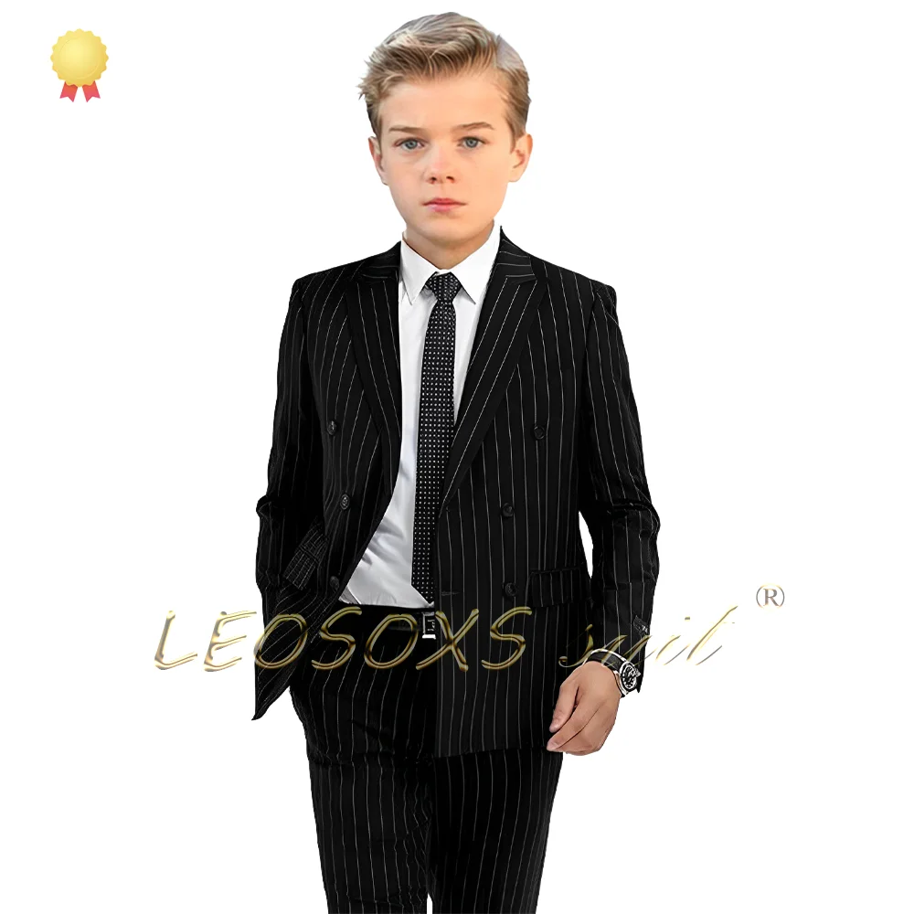 Children's Striped Double-Breasted Suit 2-Piece Set - Custom-made elegant suits, perfect for holiday evenings.