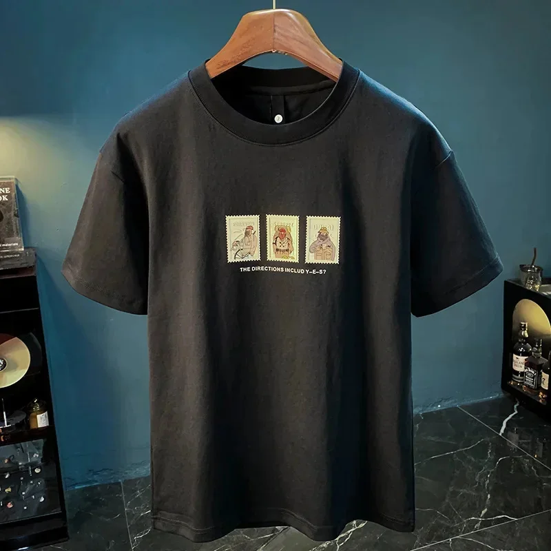 Fashion T-shirt for men in summer 2026, thin design with leather printing, casual loose and versatile short sleeved men's top