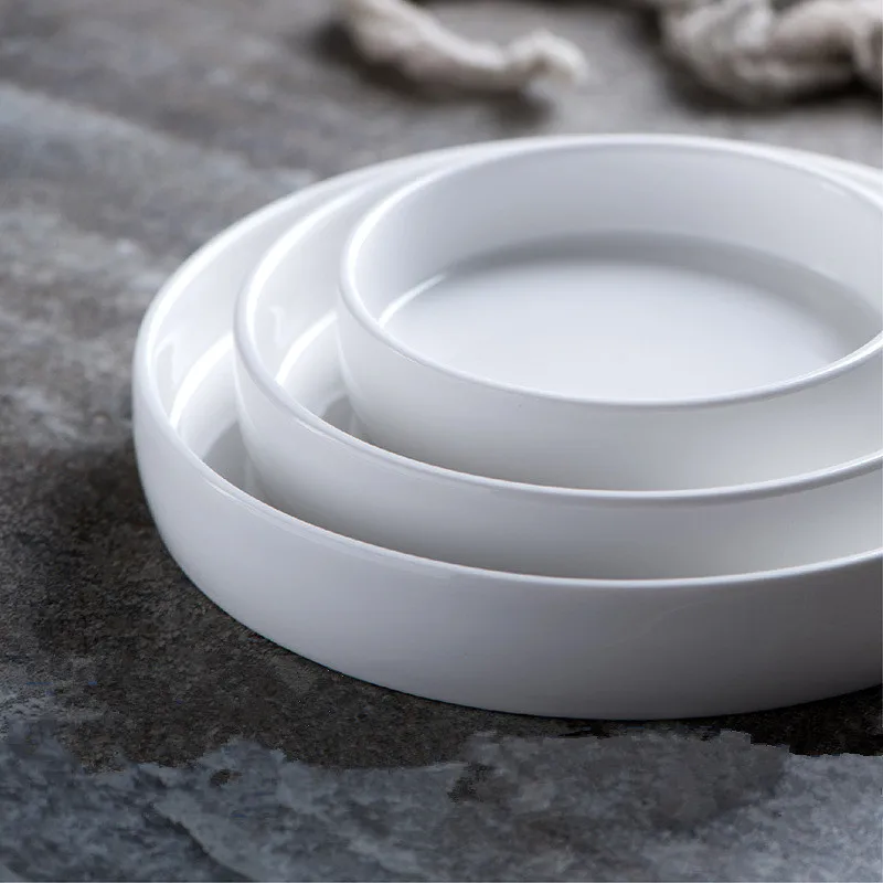 Pure White Strengthen Porcelain Serving Plate Round Western Steak Tray Snack Cake Dessert Flat Dinner Plate For Family Hotel