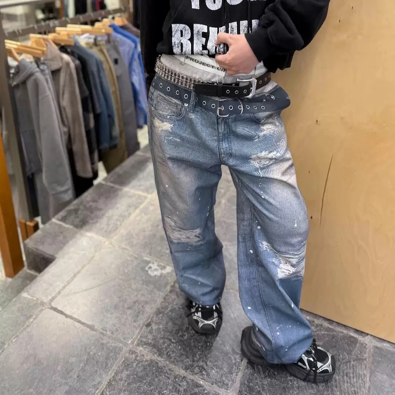 

3D Printing Destroys Washed Denim Jeans Splash-ink Elasticity Stretch Y2k Baggy Casual Distressed Straight Leg Jeans for Men
