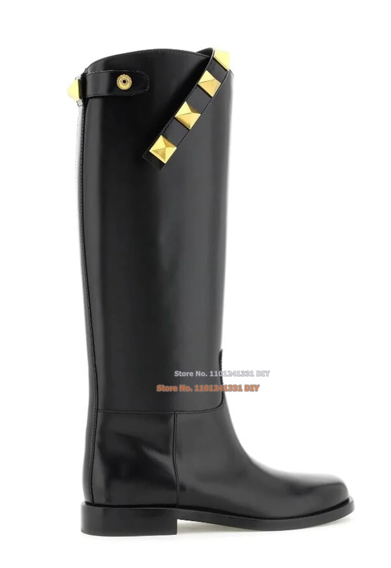 

Roman Stud 15 Leather Knee High Boot Women Black Leather All Over Gold Tone Hardware Lightly Padded Leather Insole Long Boots