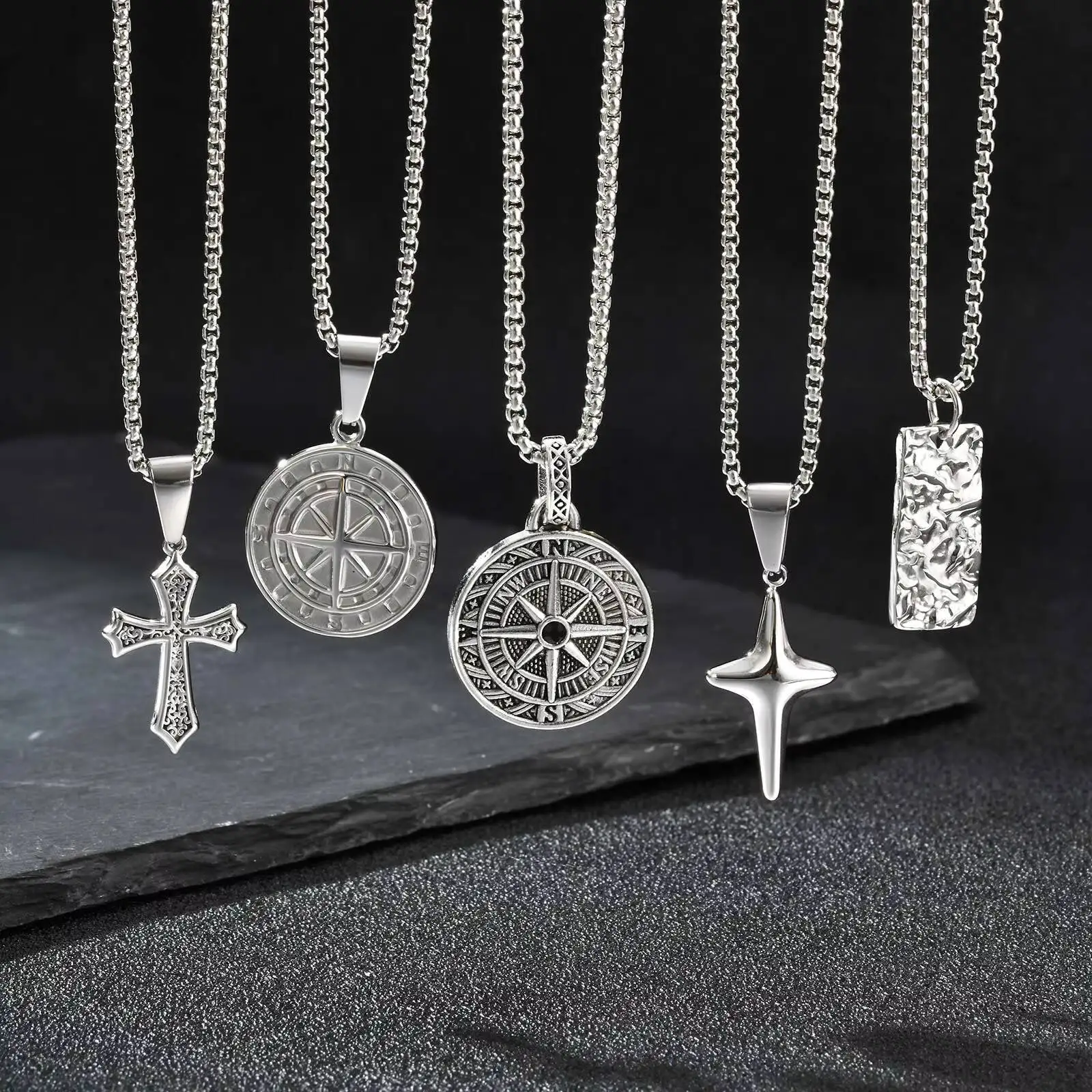 Vnox Herren-Halskette aus Edelstahl, vielseitige Anhänger-Kette mit Kreuz, Kompass, Stern und Hundemarke, Hip-Hop-Schmuck für den Alltag, Geschenk für Jungs – Detail 1