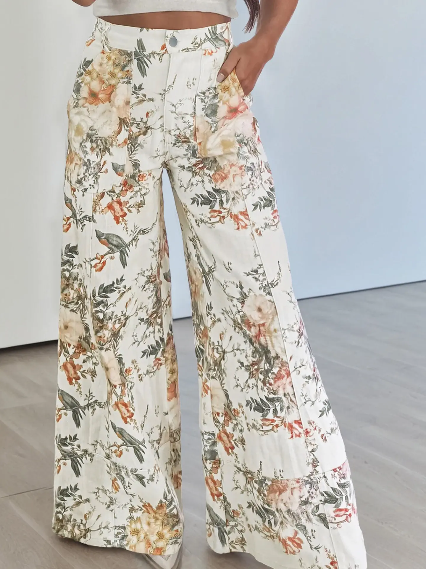 

DearLover High Waist Floral Elastic Wide Leg Jeans Women's Summer New Casual Loose Cotton Denim Pants Vintage Print Breathable
