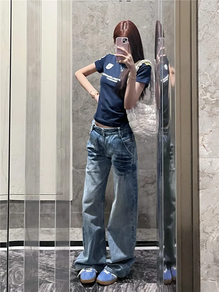 

American Retro Blue Low Waist Flared Jeans Women's Spring Summer Loose Slimming Tall Extended Wide Leg Floor-Length Pants