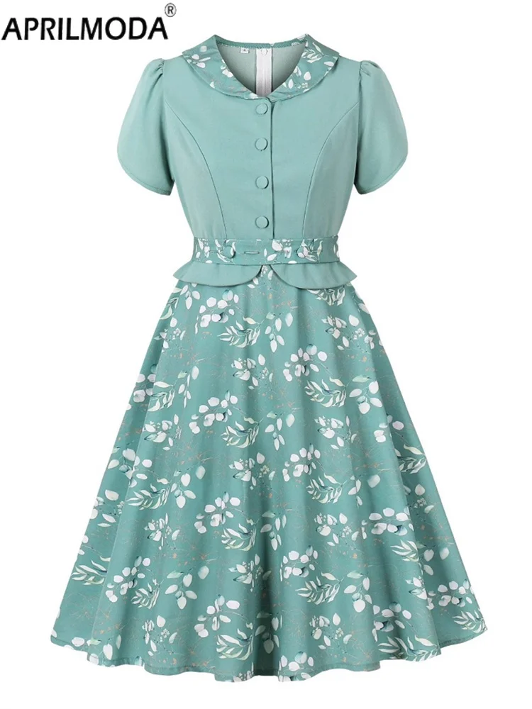 

2025 Elegant Patchwork Swing Flare Summer Casual Dress with Belt Turn Down Collar Pinup Retro Short Cocktail Prom Dresses 1950s