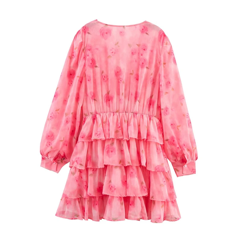 Keyanketian 2025 primavera/outono novo feminino fresco flor impressão mini vestido de férias vento com decote em v cintura alta manga longa vestido em camadas