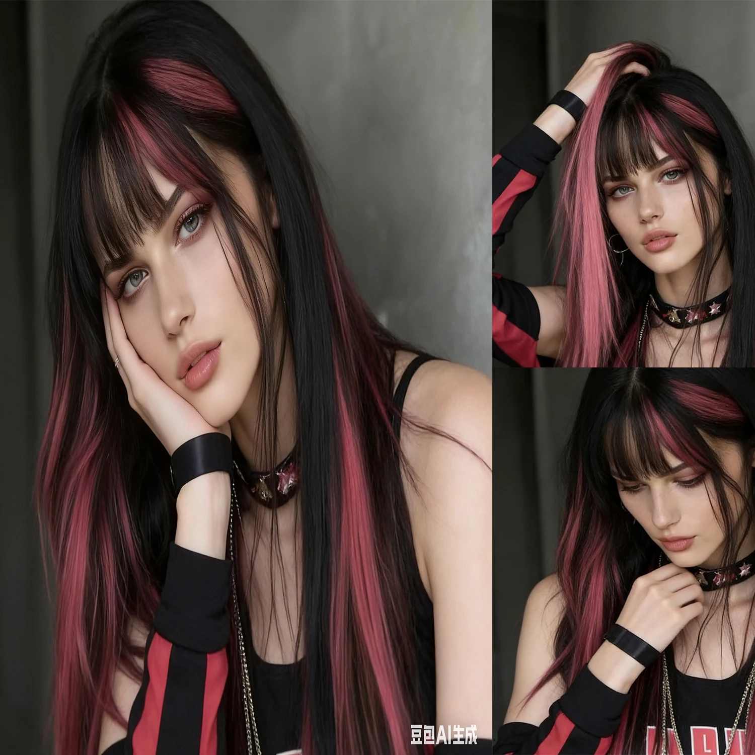 12 PCS Synthetic Hairpiece Black Hair Extensions Clip in, Colored Party Highlights Extension for Girls Women Straight 22 inch
