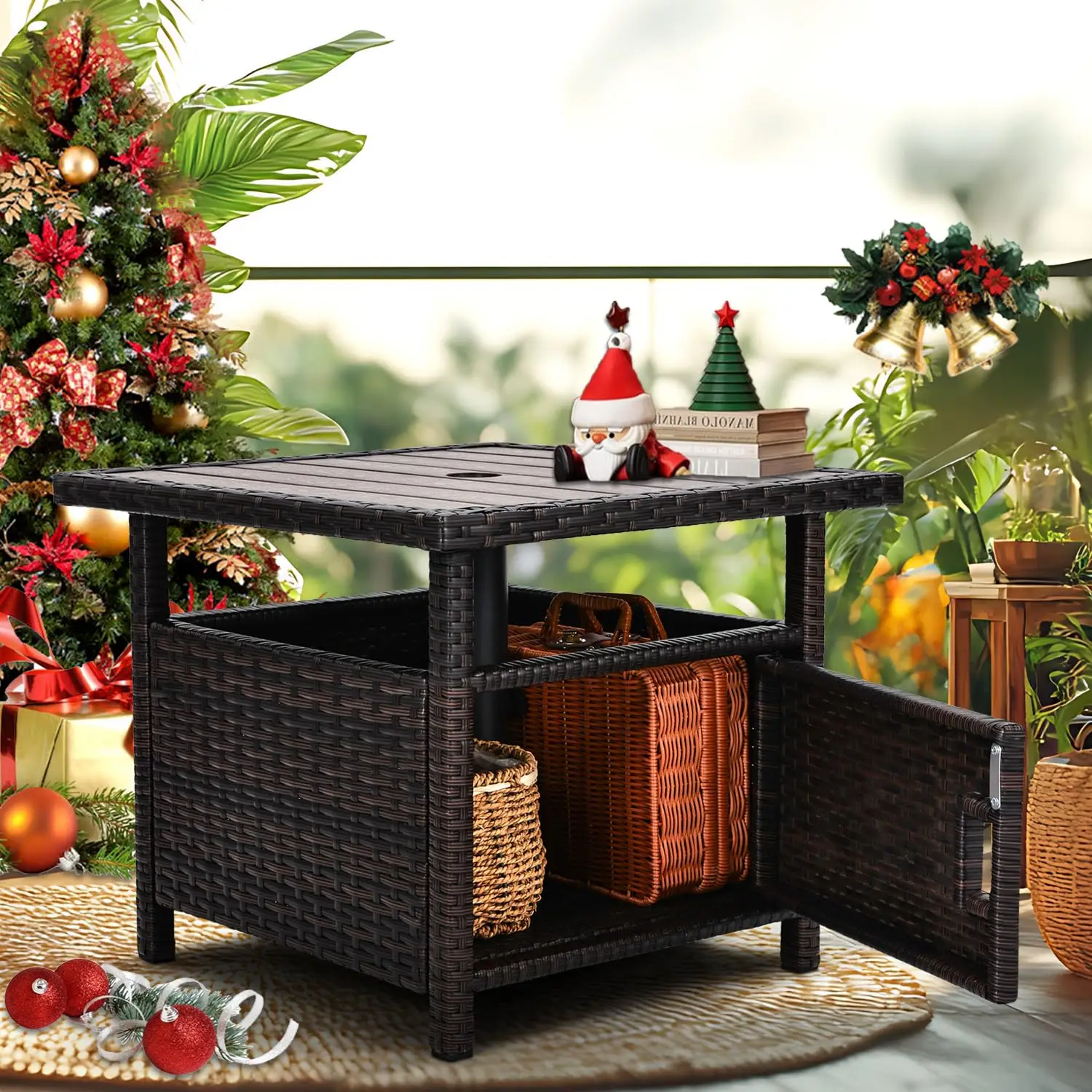 우산 테이블 (무게추 2개 포함) 야외 파티오 우산 사이드 테이블 (우산 구멍 포함) 소형 갈색 위커 엔드 테이블 (야외용)