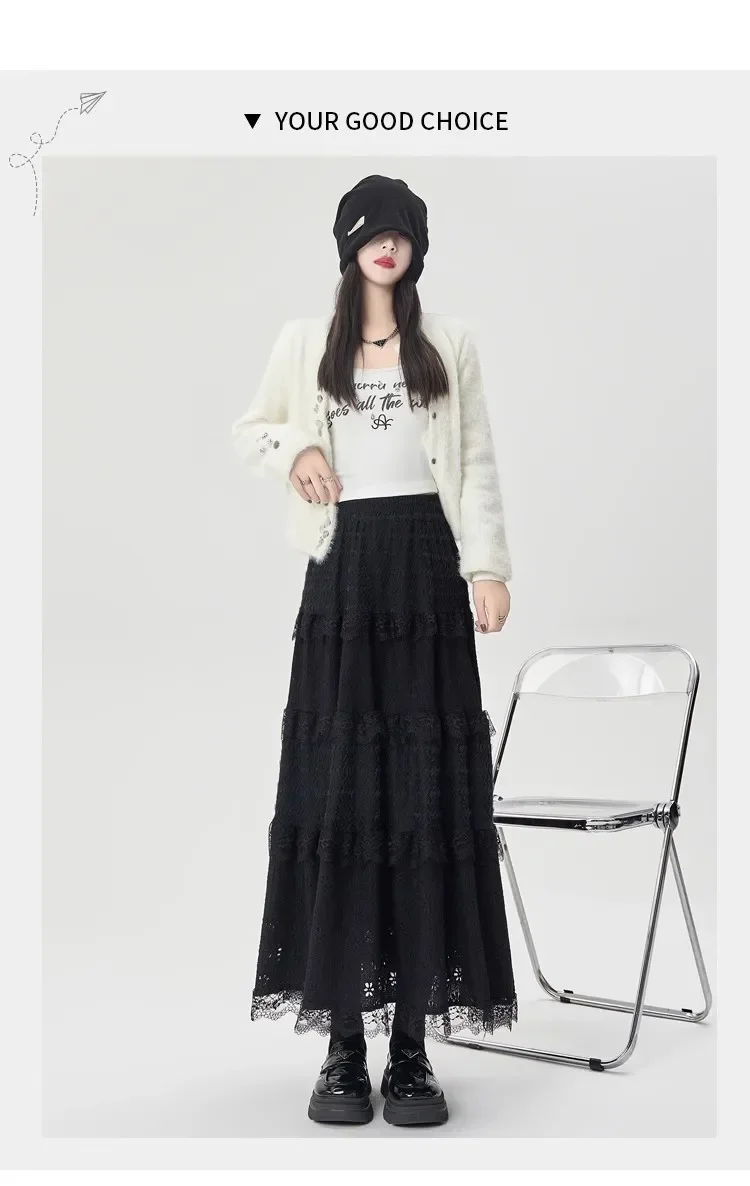 Gentle Wind High Waist A-Line Lace Splicing Long Skirt Women's Fairy Tale Cake Skirt Mid-Length Midi Skirt for Autumn Winter