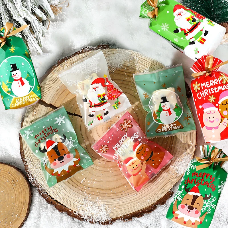 100pc Christmas New Year Candy Packaging Bags Xmas Party Decora Santa Nougat Cookie Plastic Pouch Christmas Supplies Sweet Pouch