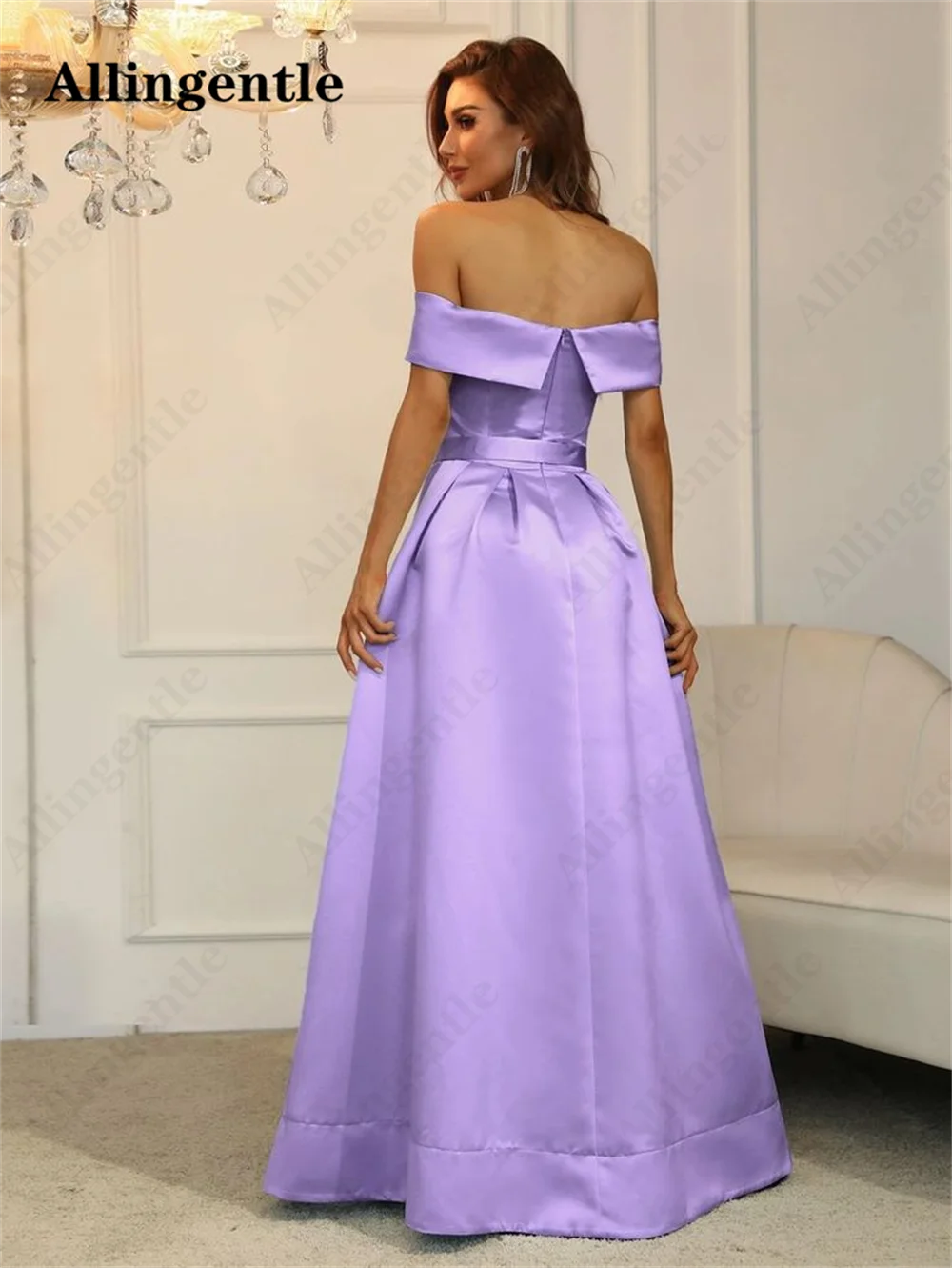 Allingentle Elegant Satin Prom Party Dress 2024 A-Line Off Shoulder Saudi Arabia Dubai Floor-Length Party Evening Gown with Belt