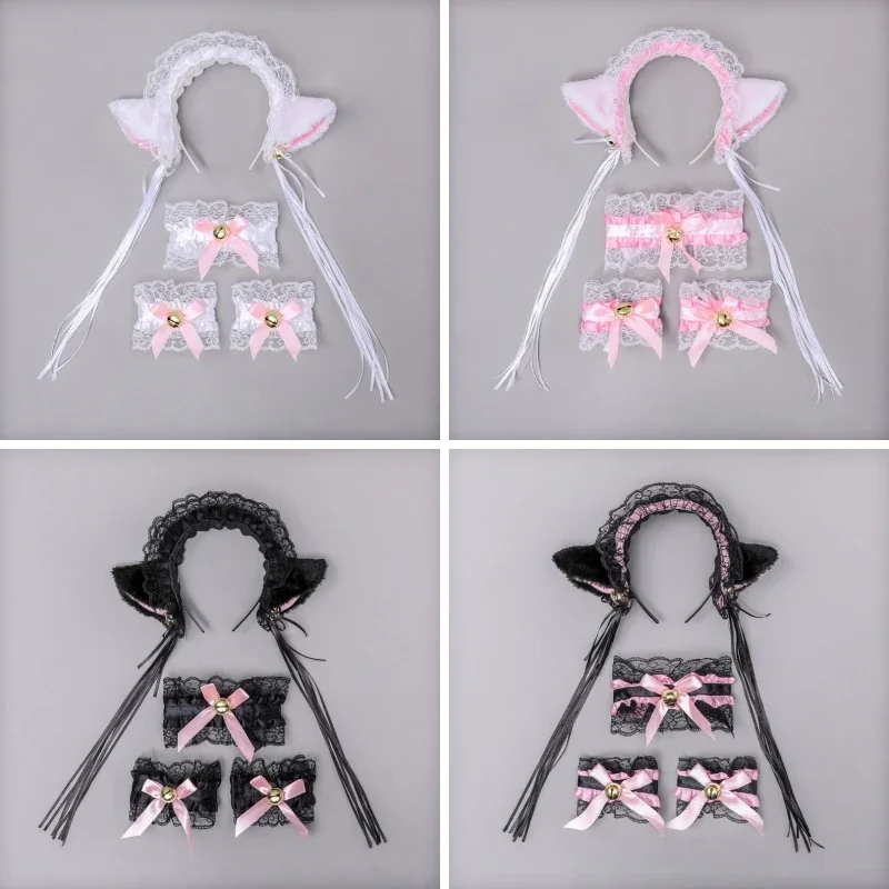 Gothic Lolita Cameriera Peluche Orecchie di gatto Nastro Campana Increspature Fasce per capelli in pizzo Braccialetti girocollo Cerchietto per capelli per ragazze Accessori Cosplay