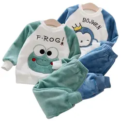 Boys Coral Fleece Pajama Sets Plus Velvet Thick Flannel Homewear Children Winter Warm Sleepwear Suit 2Pcs Girls Pantsuit