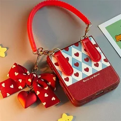 INS Retro Heart Case For Samsung Z Flip 6 flip5 Lovely Bow Wrist Strap Cover For Samsung Galaxy Z Flip 7 3 Luxury Leather Cases