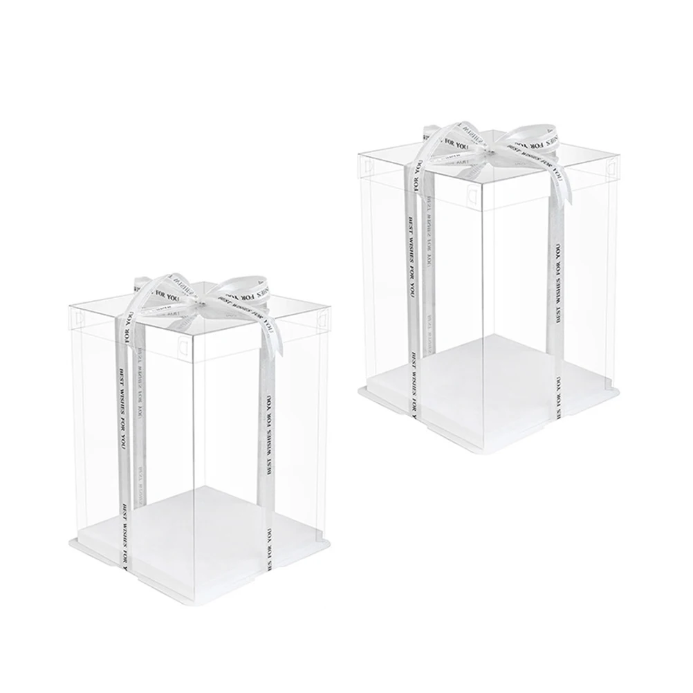 

2pcs Cake Boxes Transparent Food Grade White Card Birthday Elegant Special Occasion Plastic Window Assemble Easy PET Material