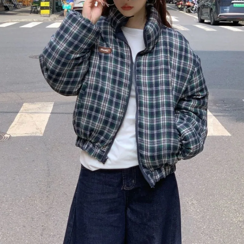 Stand Collar Short Cotton Padded Jacket Women Autumn Winter American New Versatile Reversible Parkas Black Warm Bread Coats