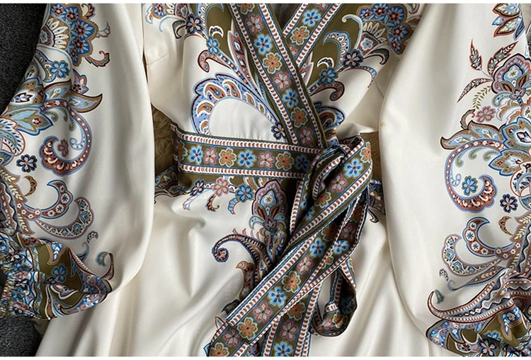 Letnie długie ekskluzywna sukienka dla kobiet z kwiatowym nadrukiem z pełnym rękawem sznurowane na wybiegu pałacowym kobiece Vestidos Chic Paisley New In 2024
