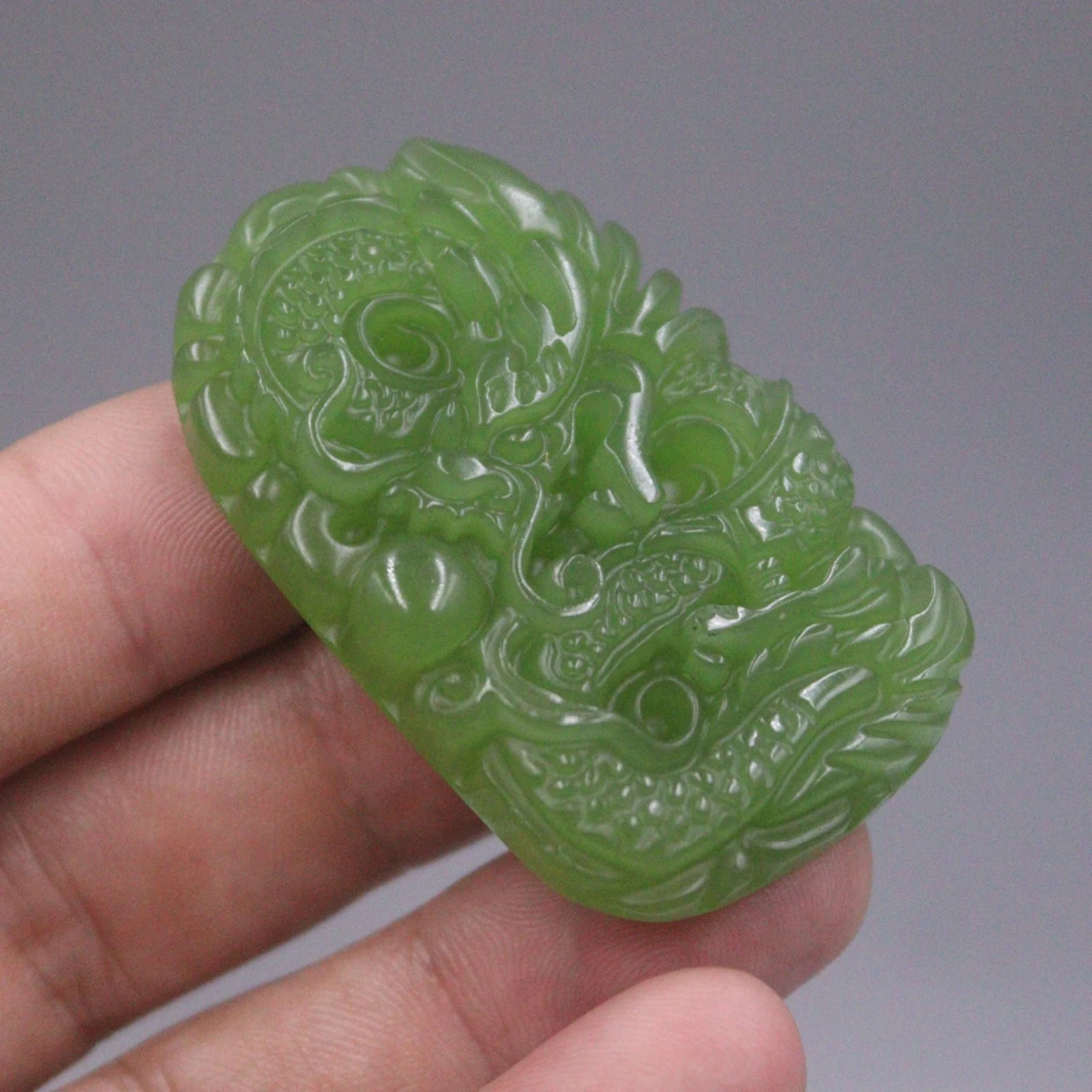 Natural Jade Jasper Lucky Men Women Gift Green Carved Dragon Oblong Pendant