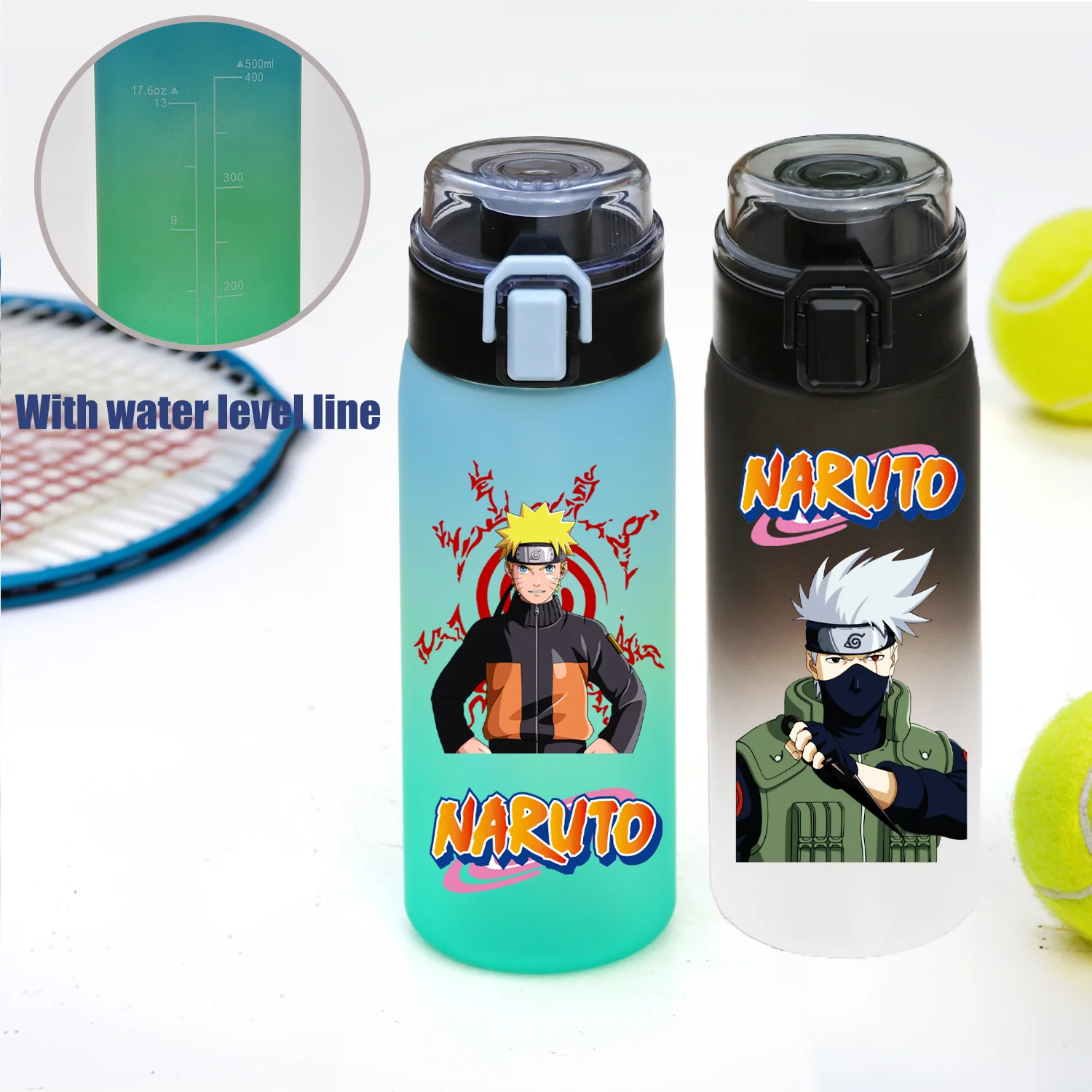 500ML NARUTO Sports Water Bottle Gradient Color Plastic Drinking Bottle Uzumaki Uchiha Sasuke Kakashi Cartoon Travel Office Jugs