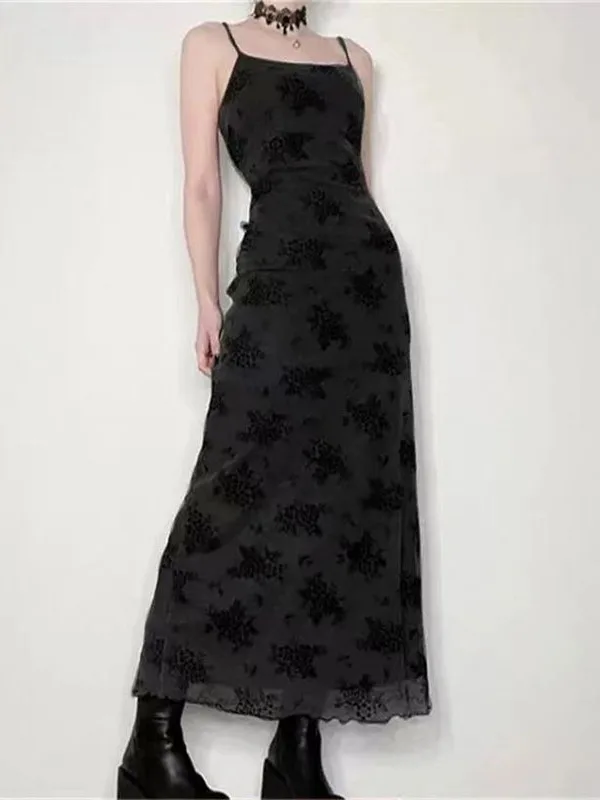 

Retro Black Lace Halter Dress Floral Skirt Slimming Long Women's Fashion High Waist Print Gown Summer Season Sleeveless Dress