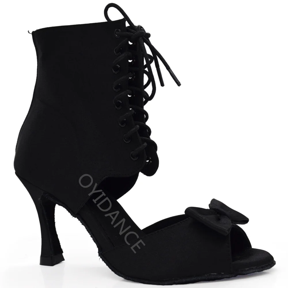 Oyidance New Arrival 9.0cm Heel Black Satin Dance Shoes Latin Ladies Salsa Dance Boots Ladies dancing shoes women high heels