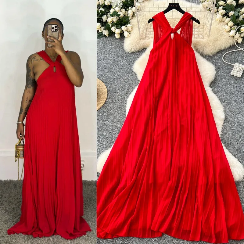 

Женское однотонное плиссированное шифоновое платье макси с открытой спиной, на завязках, без рукавов, А-силуэт, для дня рождения, вечеринки, отпуска