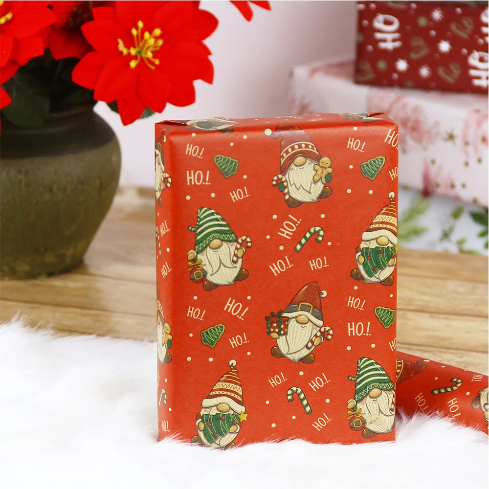1 Roll Christmas Wrapping Paper 17 Inch × 32.8 Ft Per Roll, Red Kraft Gnome Xmas Wrapping Paper Roll for Christmas Gift Box