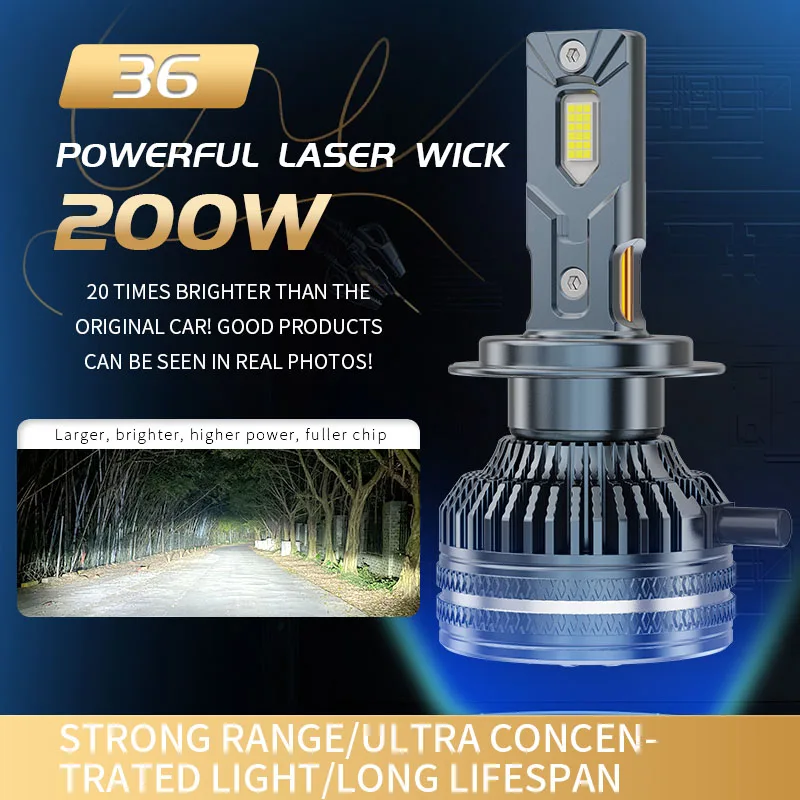 

200 Вт Горячая 36-чиповая лазерная светодиодная фара H7 Canbus Высокомощная двойная медь Plug and Play Универсальная подходит для проникновения автомобильных аксессуаров