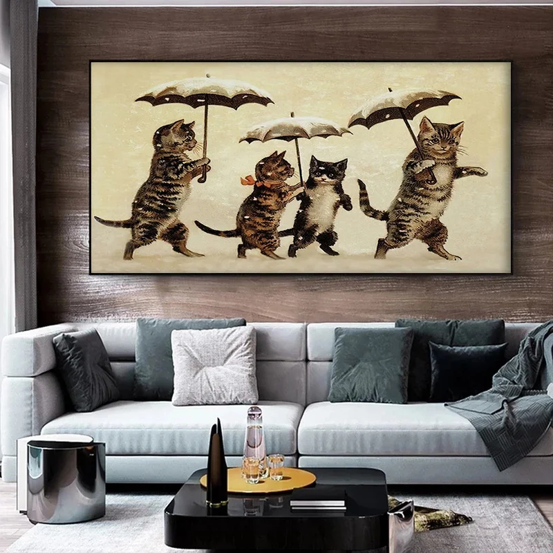 Cats With Umbrella Walking in Snow Canvas Painting Animals Posters and Prints Modern Wall Art Picture For Living Room Home Decor