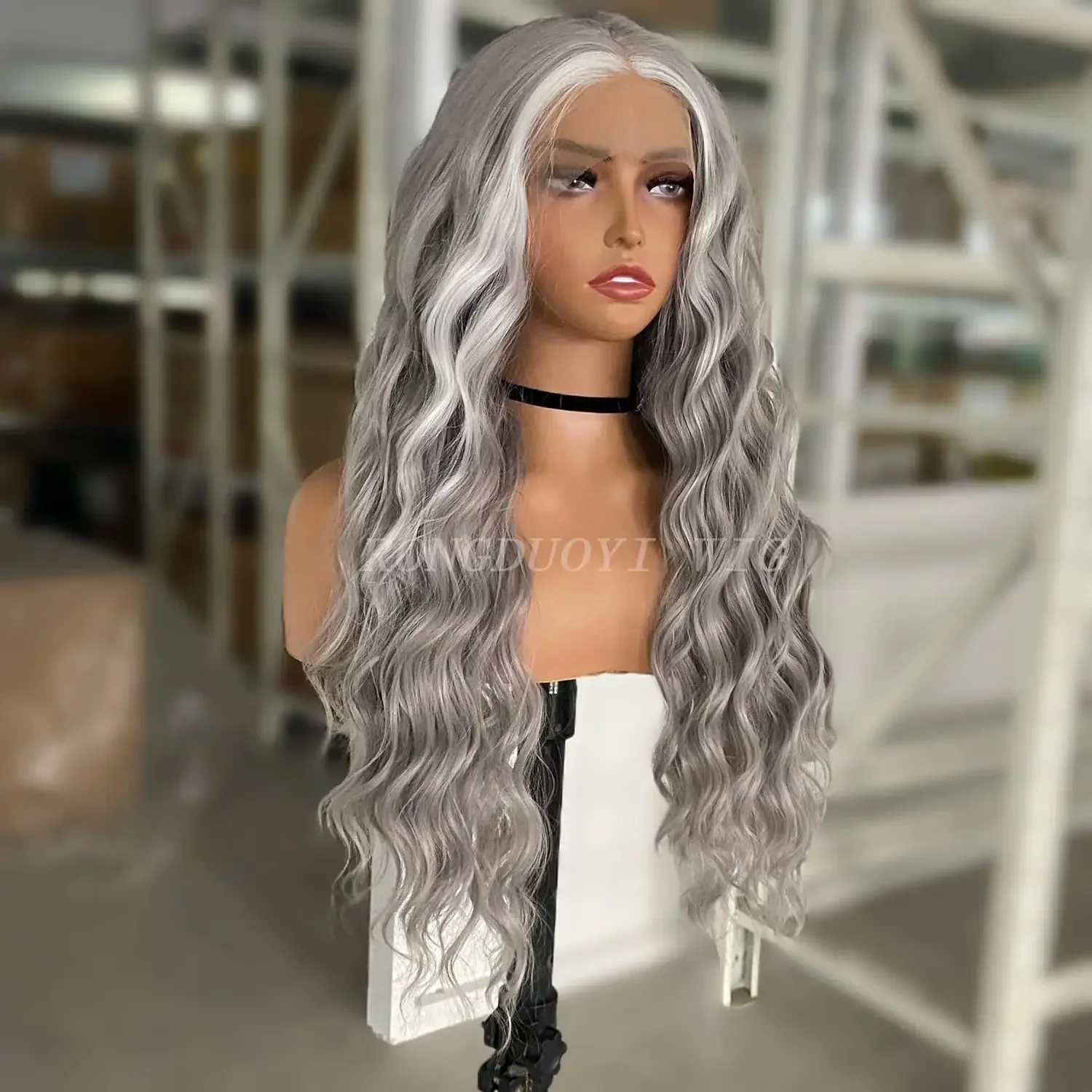 Silver Grey Long Wavy Lace Front Synthetic Wig Glueless Heat Resistant Fiber Hair for Women Cosplay Party and Daily Use