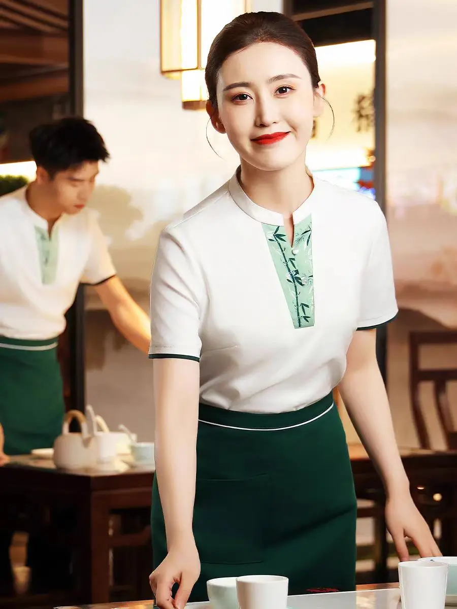 レストラン、ウェイターの作業服、半袖、ホテルのホットポット、teahouseレセプション、送料無料のオリエンタルユニフォーム