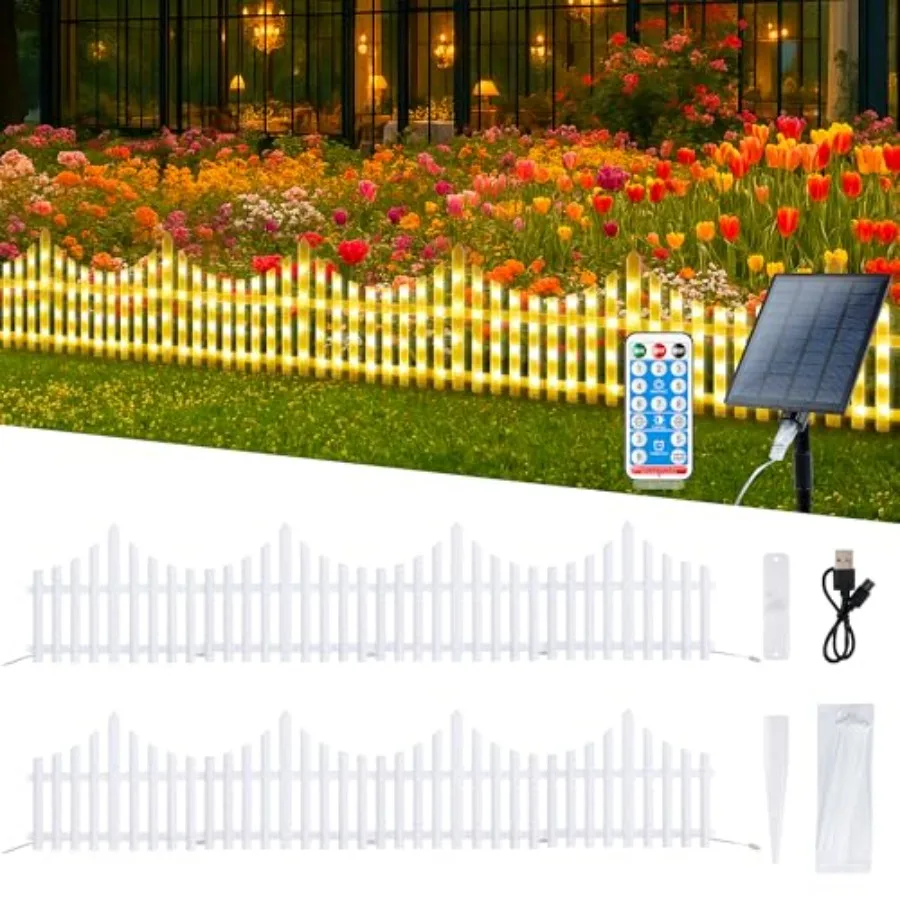 

8 Pack White Picket Fence for Garden 11.1in H X 9.1ft (L) Garden Fence Border with 144 Led Solar Lights and Remote Decorative M