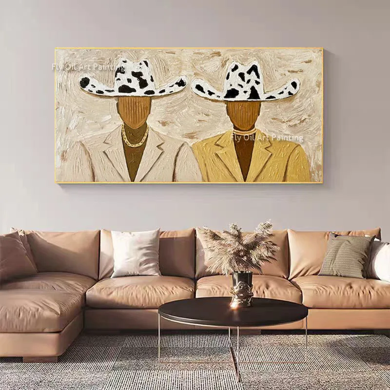 Original Hand Painted Heavy Texture Western Oil Painting, Palette Knife Two Cowboys Canvas Wall Artwork