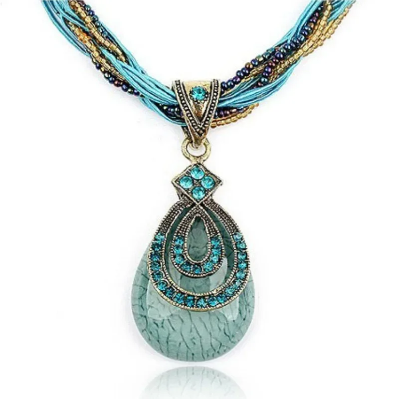POPACC Bohemian Ethnic Style Jewelry Vintage Gemstones Water Droplets Necklace for Women Korean Sweater Chain Party Decoration