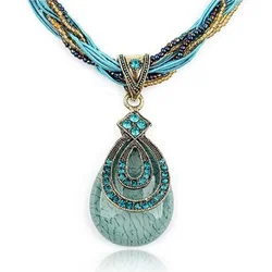 POPACC Bohemian Ethnic Style Jewelry Vintage Gemstones Water Droplets Necklace for Women Korean Sweater Chain Party Decoration