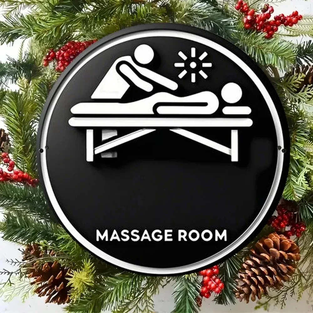 Retro Round Metal Wall Art Sign, 2D Vintage Massage Room Decor, 8x8 Inch Plaque for Home & Bot