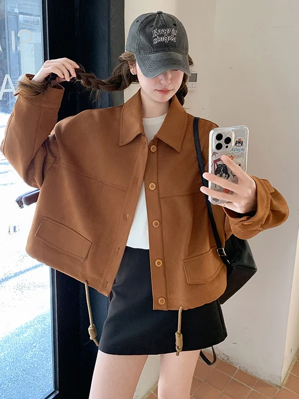 

Retro Korean Sle Coffee Suede Jaet Women's ort Loose Casual High-End Feeling Coat Spring Autumn Seasonal Outerwear