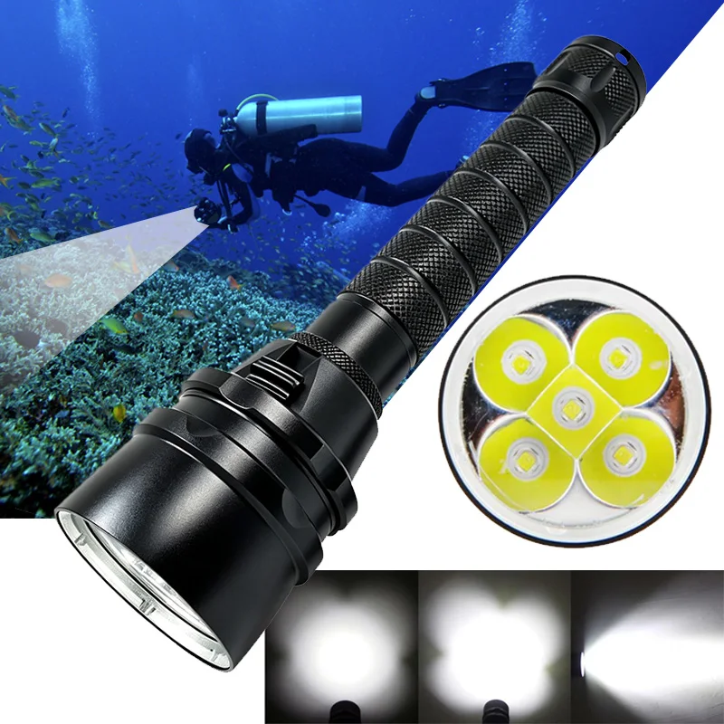 5LED Powerful Diving Flashlight 3800 Lumens Ultra Bright IP68 Waterproof Underwater Diving Torch for  Scuba Diving Snorkeling