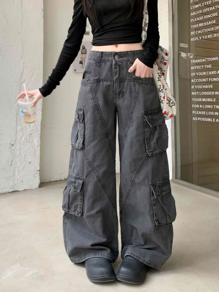 

2026 Cyber Y2K Streetwear Washed Black Grey Baggy Women's Cargo Jeans Pants For Woman Clothing Wide Leg Vintage Lady Trousers