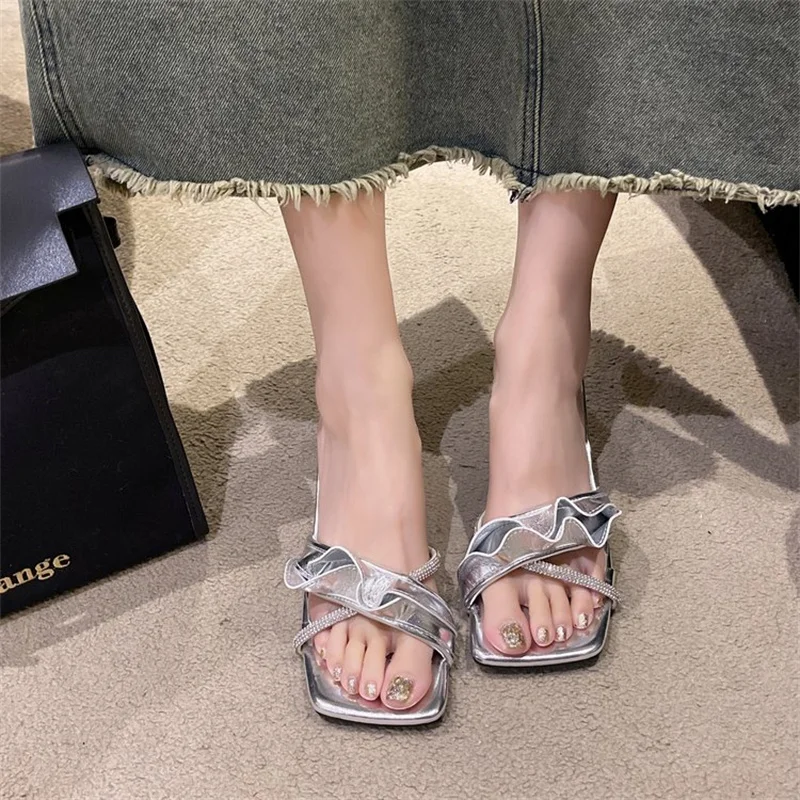 Women's Fashion New Ruffle Lace Rhinestone with High Heel Slippers Women's Casual Outwear Slippers Women