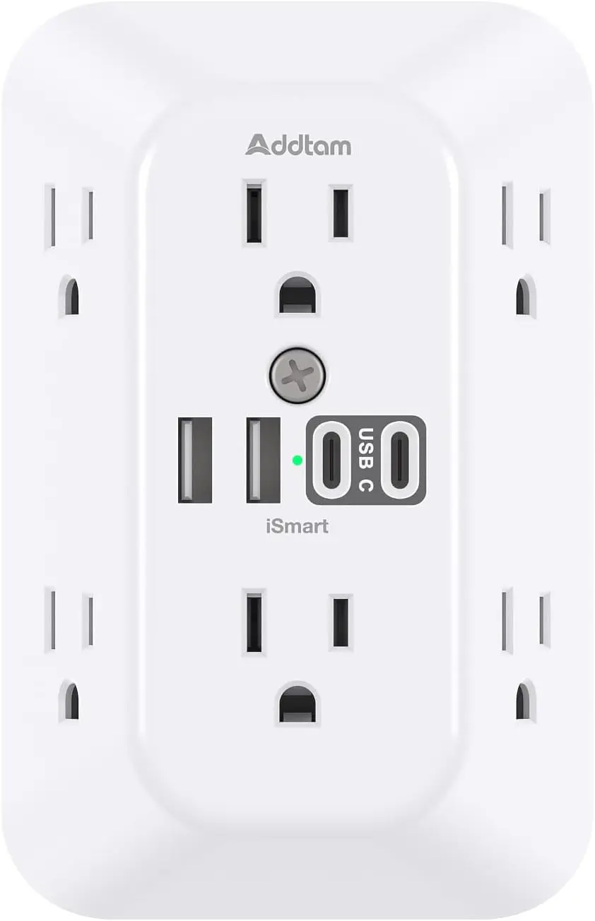 

Удлинитель с 6 розетками и 4 портами USB (2 USB-C), защита от перенапряжения 1800 Дж, широкий интервал расстояния между розетками для домашнего офиса