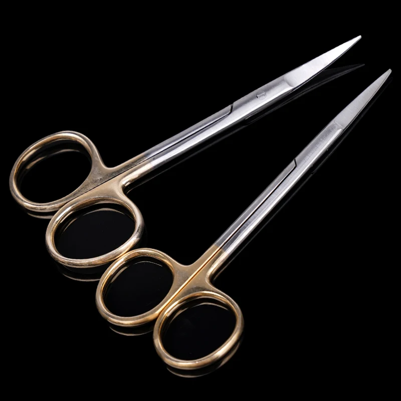2pcs Dental Medical Surgical Scissors Straight / Curved Tip Gold Plated Handle Stainless Steel Dental Forcep Animal Vet Scissors