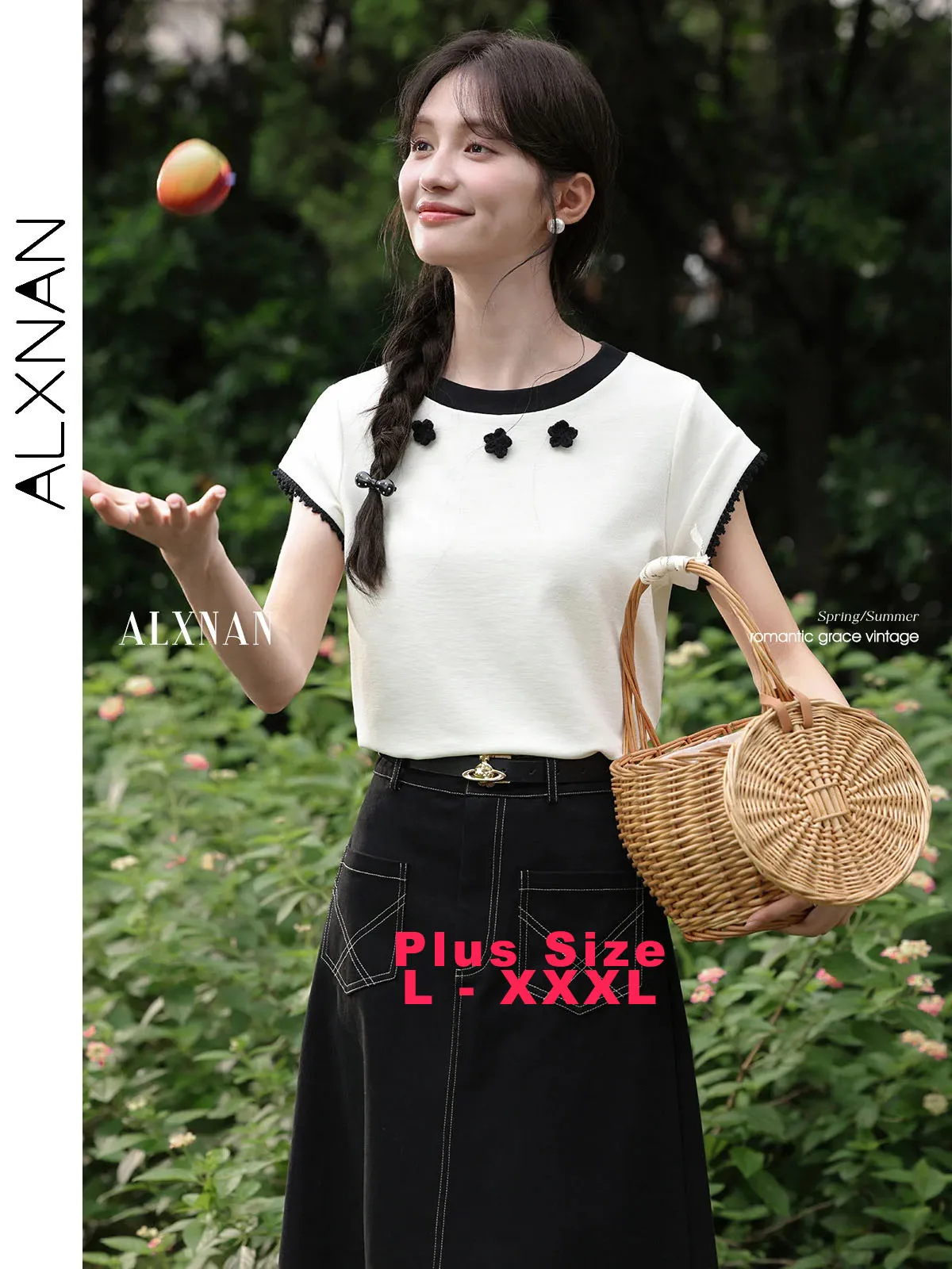 

ALXNAN Plus Size White T-shirt Contrast Color Round Neck 3d Flower T-shirt Women Summer Casual Loose-fit Short Sleeve Top D12107